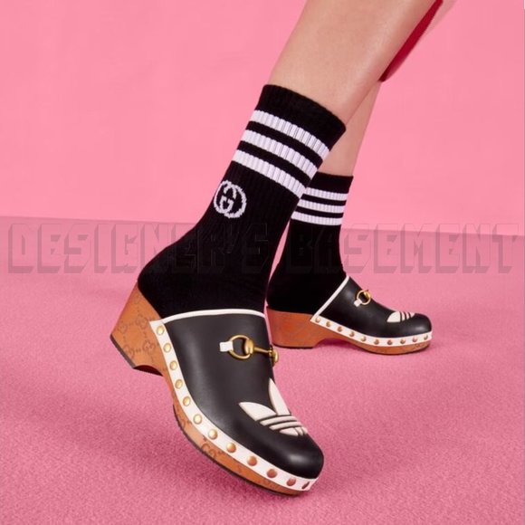 GUCCI x Adidas 36.5EU - 6.5US black Leather Trefoil logo GG platform Clogs shoes - Picture 4 of 12